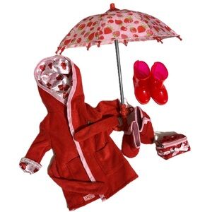 Fits American Girl Doll Clothes Red Cover Up, Boots Shoes, Umbrella & Lunchbox
